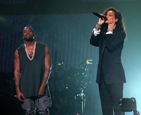 Talk about an AMAZING duet! Rihanna and Kanye West play a pre-Super ...
